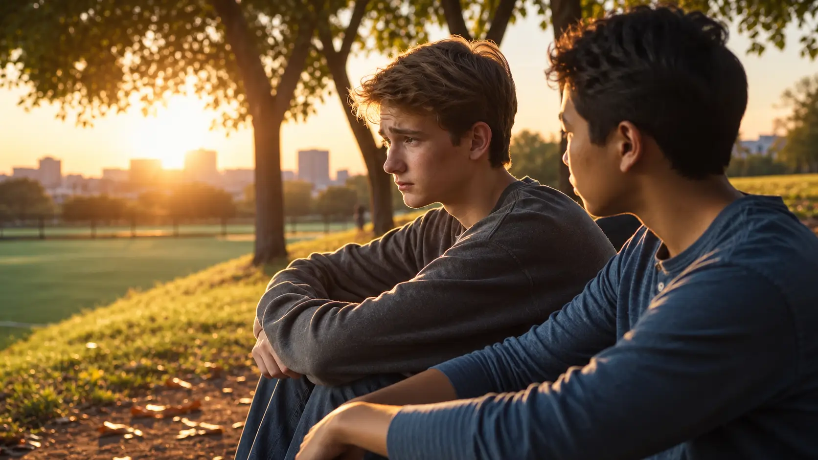 Two young people sitting together in a park at sunset